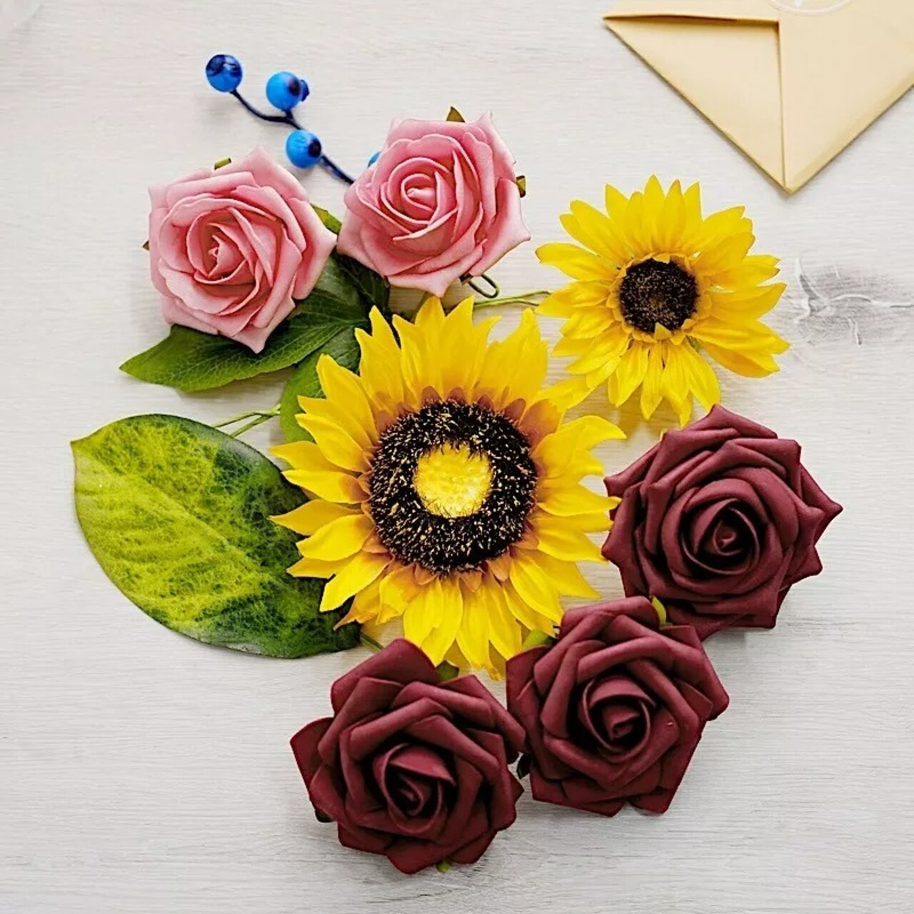 Yellow SILK Sunflowers Burgundy Foam Roses Faux FLOWER BOX Party Events Supplies